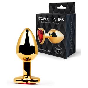 Анальная втулка золотая, цвет кристалла красный, L 90 мм D 35 мм