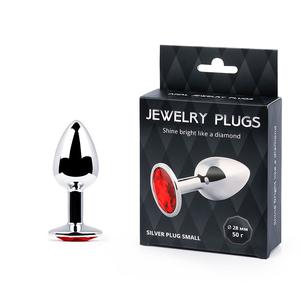 Металлическая анальная втулка Silver Plug Small с красным кристаллом, 28 мм, длина 72 мм