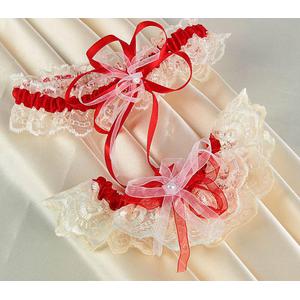 Подвязка невесты кружевная с бантом, цвет красно-бежевый