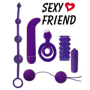 НАБОР 6 предметов (цепочка анальная, вибропуля, минивибратор, насадка, шарики, кольцо эрекционное двойное) цвет фиолетовый