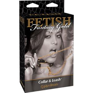 Ошейник Fetish Fantasy Gold Collar & Leash с поводком черный с золотом