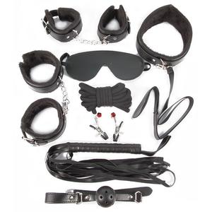 Комплект - наручники, оковы, маска, кляп, плеть, ошейник с поводком, веревка, зажимы для сосков, цвет черный