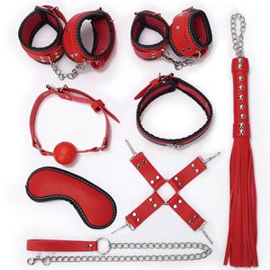 Набор  (маска, ошейник, кляп, фиксатор, наручники, оковы, плеть) цвет красный