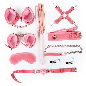 Набор для БДСМ из наручников, оков, ошейника с поводком, кляпа, маски, плети, фиксатора и зажимов для сосков, цвет розовый
