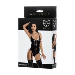 БОДИ GLOSSY ИЗ МАТЕРИАЛА WETLOOK НА ШНУРОВКЕ, ЧЕРНЫЙ, S